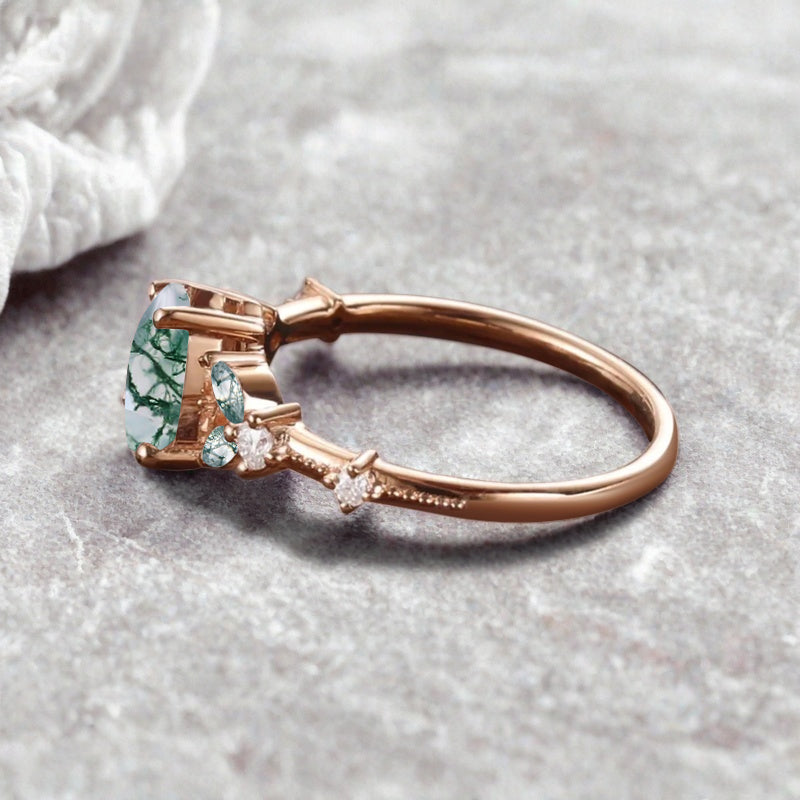 Vintage Pear Moss Agate Engagement Ring Unique Moissanite Sidestones Pear Gemstone Promise Ring