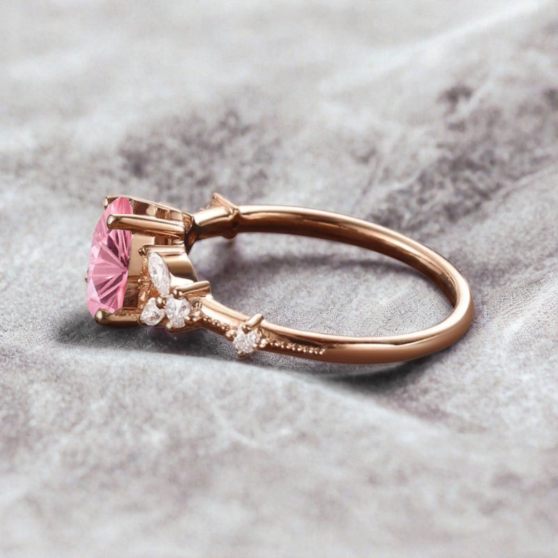 Vintage Pear Pink Sapphire Engagement Ring Unique Moissanite Sidestones Pear Gemstone Promise Ring