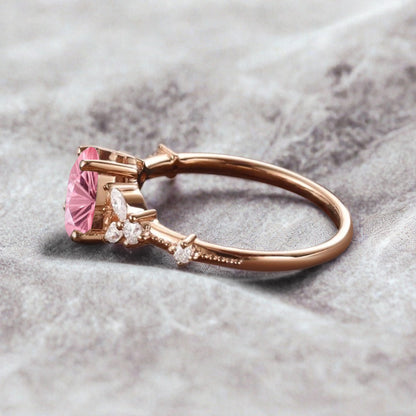 Vintage Pear Pink Sapphire Engagement Ring Unique Moissanite Sidestones Pear Gemstone Promise Ring