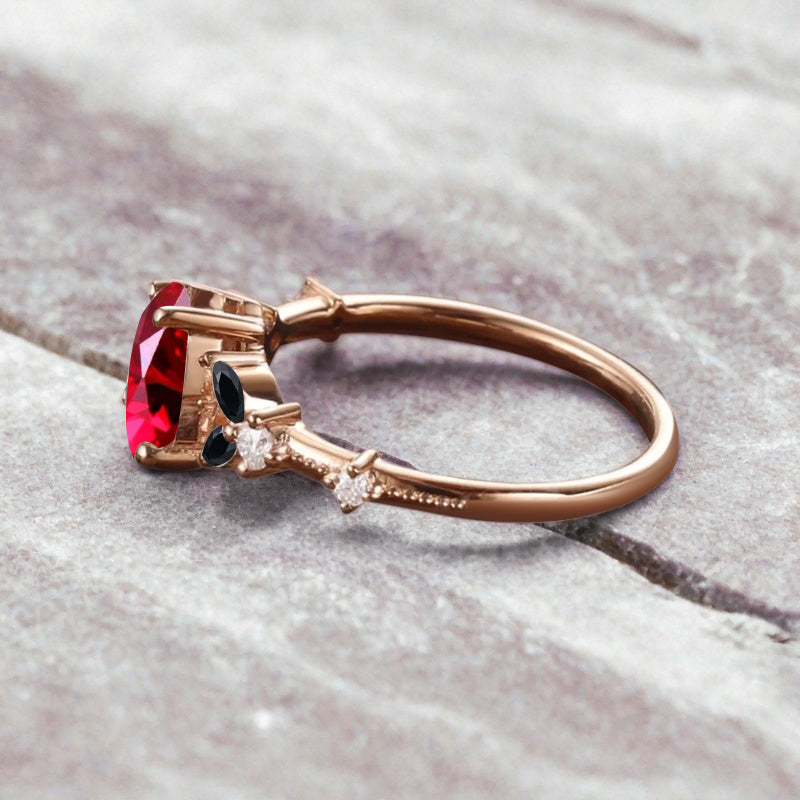 Vintage Pear Ruby Engagement Ring Unique Black Onyx Sidestones Pear Shape Gemstone Promise Ring Ver.2
