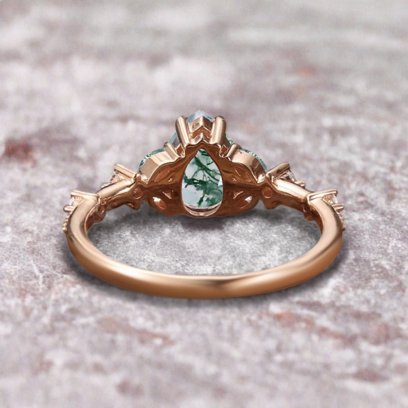 Vintage Pear Moss Agate Engagement Ring Unique Moissanite Sidestones Pear Gemstone Promise Ring