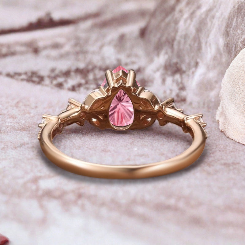 Vintage Pear Pink Sapphire Engagement Ring Unique Moissanite Sidestones Pear Gemstone Promise Ring