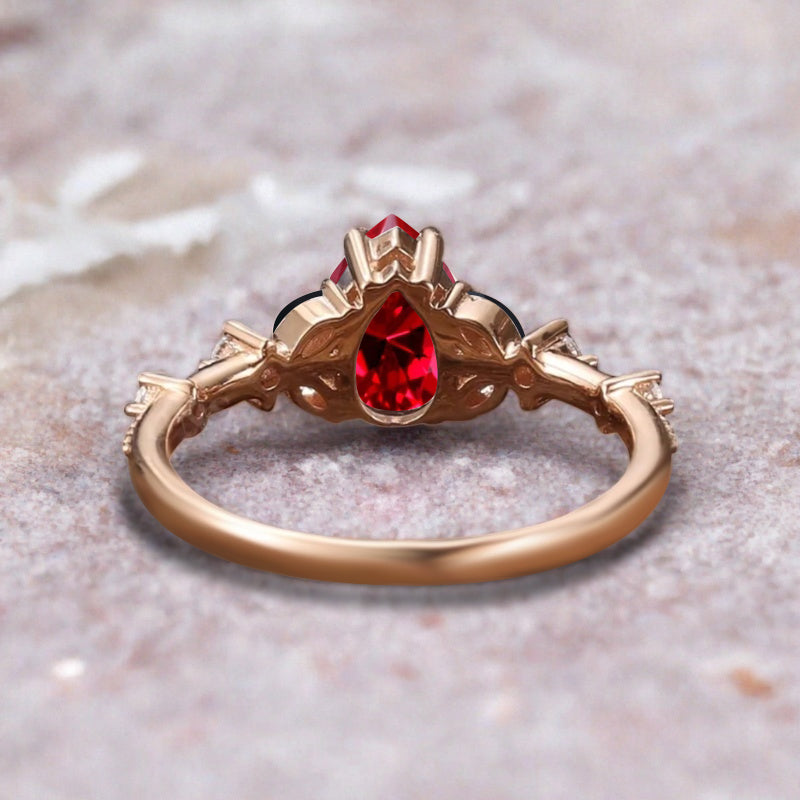 Vintage Pear Ruby Engagement Ring Unique Black Onyx Sidestones Pear Shape Gemstone Promise Ring Ver.2