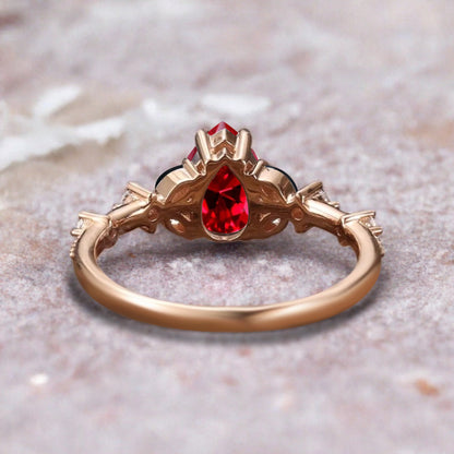 Vintage Pear Ruby Engagement Ring Unique Black Onyx Sidestones Pear Shape Gemstone Promise Ring Ver.2