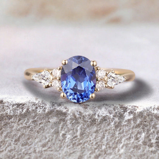 Bague de fiançailles vintage ovale en pierre de lune, bague de promesse unique en opale et moissanite
