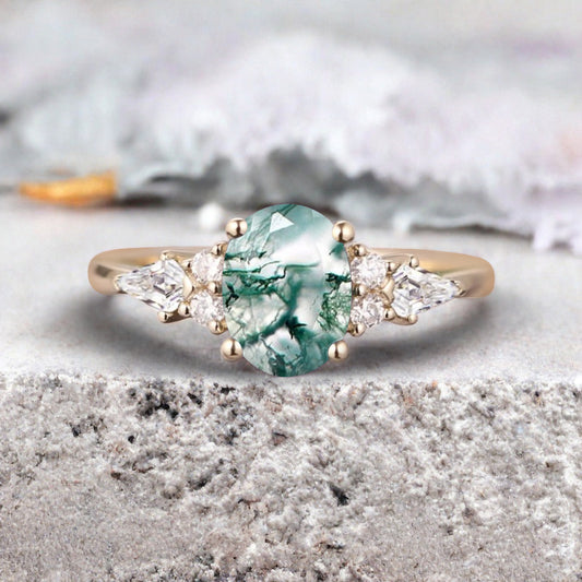 Unique Vintage Moss Agate Engagement Ring 14K Rose Gold Oval Cut Natural Moss Agate Wedding Promise Ring Handmade Ring Anniversary Rings For Women