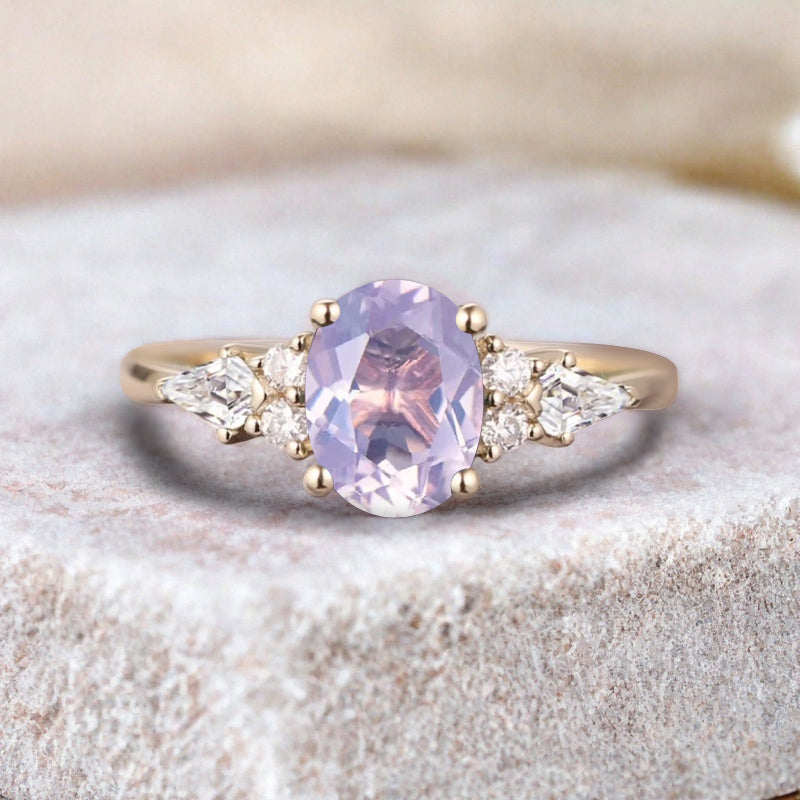 Bague de fiançailles vintage ovale en pierre de lune, bague de promesse unique en opale et moissanite