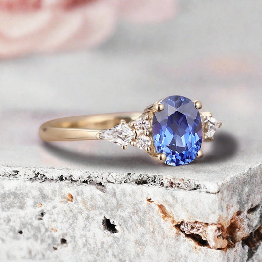 Bague de fiançailles vintage ovale en pierre de lune, bague de promesse unique en opale et moissanite