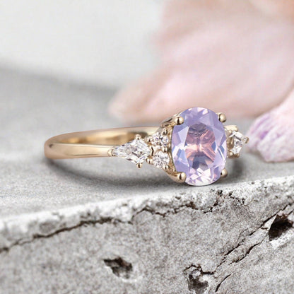 Bague de fiançailles vintage ovale en pierre de lune, bague de promesse unique en opale et moissanite