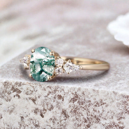 Unique Vintage Moss Agate Engagement Ring 14K Rose Gold Oval Cut Natural Moss Agate Wedding Promise Ring Handmade Ring Anniversary Rings For Women