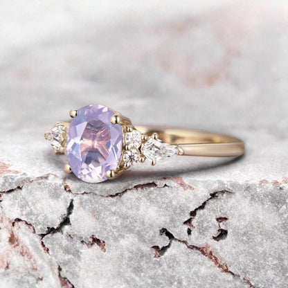 Bague de fiançailles vintage ovale en pierre de lune, bague de promesse unique en opale et moissanite