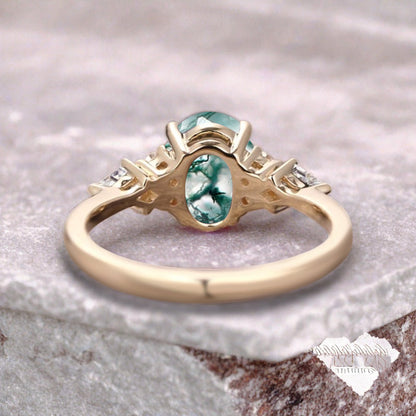 Unique Vintage Moss Agate Engagement Ring 14K Rose Gold Oval Cut Natural Moss Agate Wedding Promise Ring Handmade Ring Anniversary Rings For Women