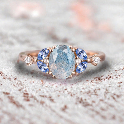 Bague de fiançailles vintage ovale en pierre de lune, bague de promesse unique en opale et moissanite