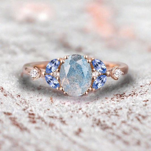 Bague de fiançailles vintage ovale en pierre de lune, bague de promesse unique en opale et moissanite