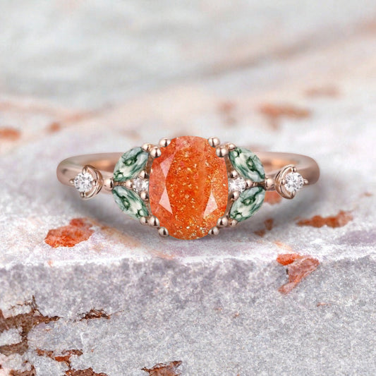 Vintage Oval Sunstone Engagement Ring Unique Moss Agate Sidestones Oval Gemstone Promise Ring