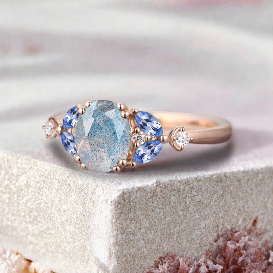 Bague de fiançailles vintage ovale en pierre de lune, bague de promesse unique en opale et moissanite