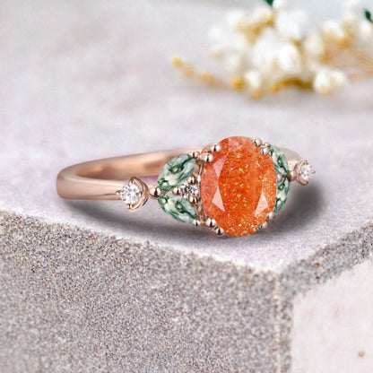 Vintage Oval Sunstone Engagement Ring Unique Moss Agate Sidestones Oval Gemstone Promise Ring