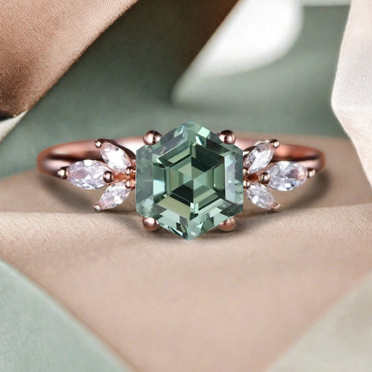 Vintage Green Agate Wedding Ring Hexagon Cut Tsavorite Engagement Ring Unique Bridal Ring Art Deco Tsavorite Ring Anniversary Gift Ring