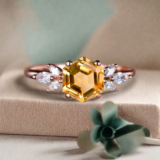 Vintage Yellow Agate Wedding Ring Hexagon Cut Citrine Engagement Ring Unique Bridal Ring Art Deco Citrine Ring Anniversary Gift Ring