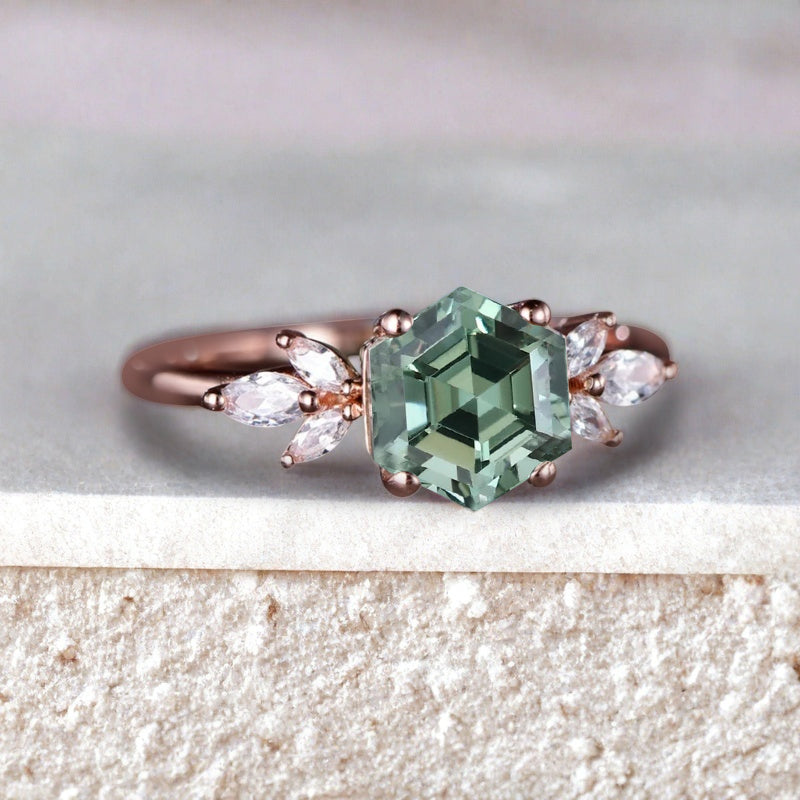Vintage Green Agate Wedding Ring Hexagon Cut Tsavorite Engagement Ring Unique Bridal Ring Art Deco Tsavorite Ring Anniversary Gift Ring