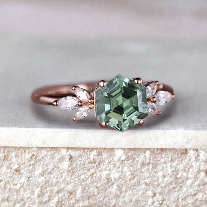 Vintage Green Agate Wedding Ring Hexagon Cut Tsavorite Engagement Ring Unique Bridal Ring Art Deco Tsavorite Ring Anniversary Gift Ring