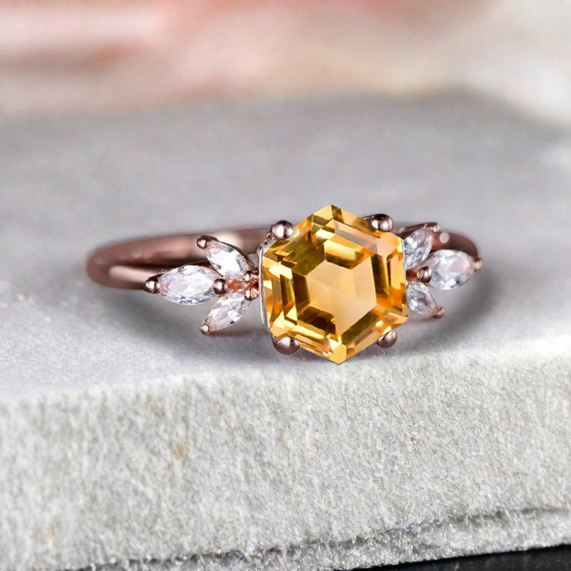 Vintage Yellow Agate Wedding Ring Hexagon Cut Citrine Engagement Ring Unique Bridal Ring Art Deco Citrine Ring Anniversary Gift Ring