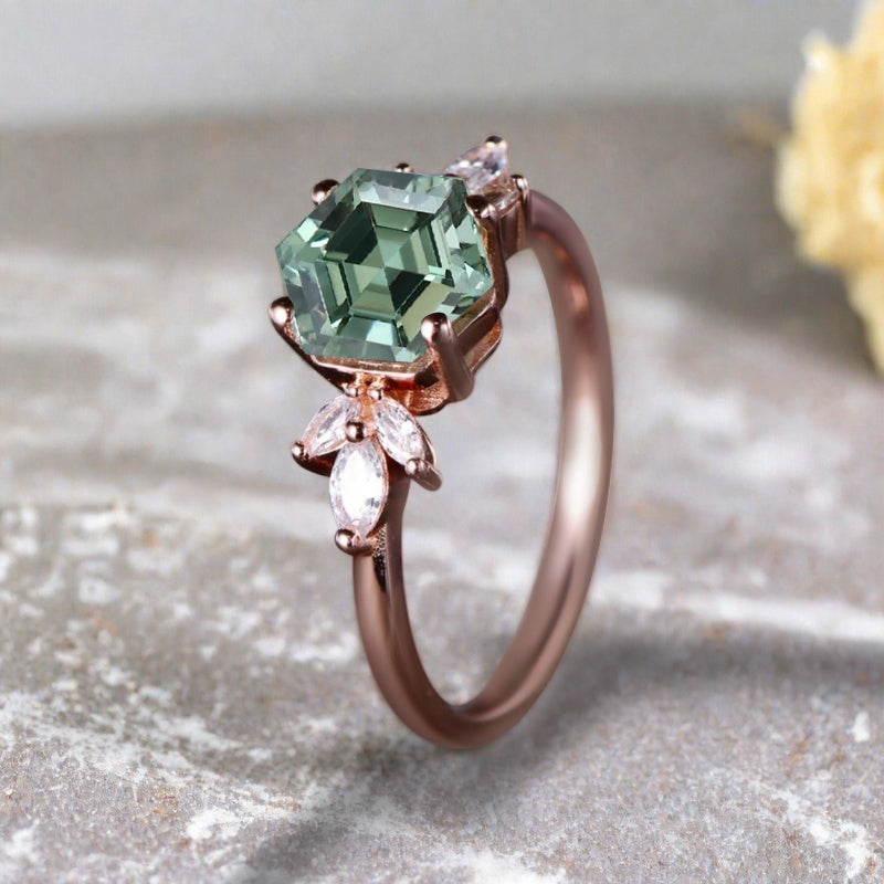 Vintage Green Agate Wedding Ring Hexagon Cut Tsavorite Engagement Ring Unique Bridal Ring Art Deco Tsavorite Ring Anniversary Gift Ring