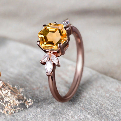 Vintage Yellow Agate Wedding Ring Hexagon Cut Citrine Engagement Ring Unique Bridal Ring Art Deco Citrine Ring Anniversary Gift Ring