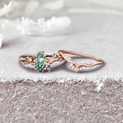 18k Solid Gold Moss Agate Ring Set, Nature Leaf Solitaire Ring Green Healing Gemstone Ring Set, Everyday Wear Thin Ring Promise Ring For Women