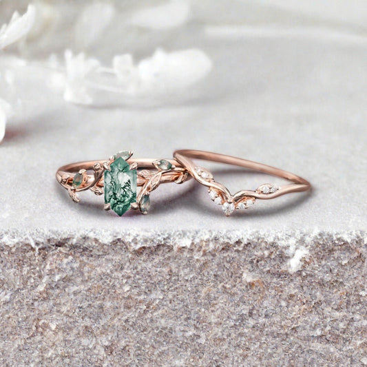 18k Solid Gold Moss Agate Ring Set, Nature Leaf Solitaire Ring Green Healing Gemstone Ring Set, Everyday Wear Thin Ring Promise Ring For Women