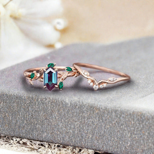 18k Solid Gold Alexandrite Ring Set, Nature Leaf Solitaire Ring Blue-Purple Healing Gemstone Ring Set, Everyday Wear Thin Ring Promise Ring For Women