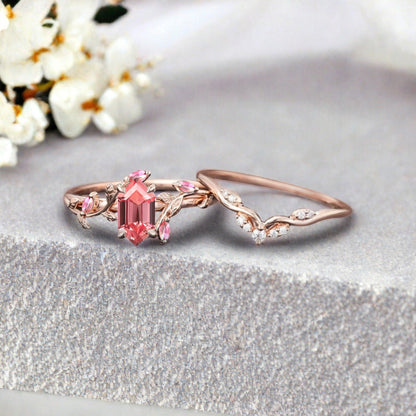 18k Solid Gold Pink Sapphire Ring Set, Nature Leaf Solitaire Ring Pink Healing Gemstone Ring Set, Everyday Wear Thin Ring Promise Ring For Women