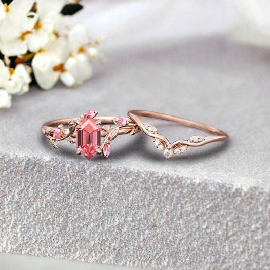 18k Solid Gold Pink Sapphire Ring Set, Nature Leaf Solitaire Ring Pink Healing Gemstone Ring Set, Everyday Wear Thin Ring Promise Ring For Women