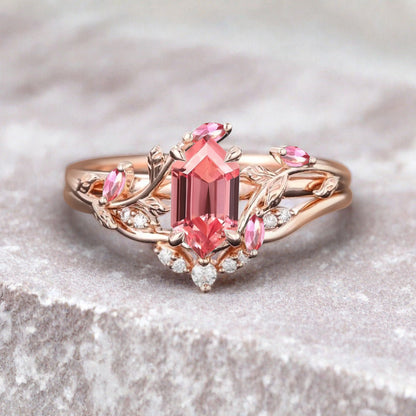 18k Solid Gold Pink Sapphire Ring Set, Nature Leaf Solitaire Ring Pink Healing Gemstone Ring Set, Everyday Wear Thin Ring Promise Ring For Women