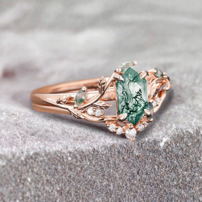 18k Solid Gold Moss Agate Ring Set, Nature Leaf Solitaire Ring Green Healing Gemstone Ring Set, Everyday Wear Thin Ring Promise Ring For Women