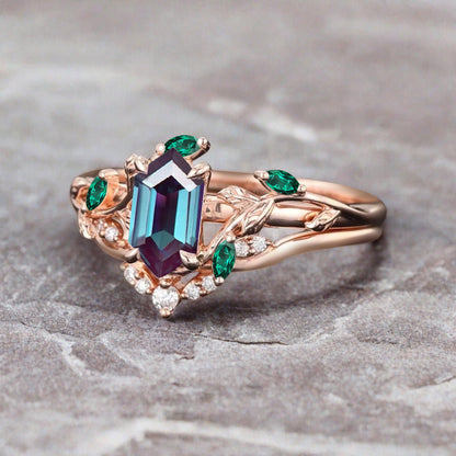 18k Solid Gold Alexandrite Ring Set, Nature Leaf Solitaire Ring Blue-Purple Healing Gemstone Ring Set, Everyday Wear Thin Ring Promise Ring For Women