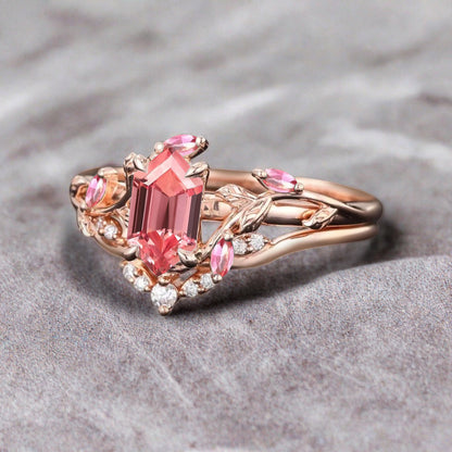 18k Solid Gold Pink Sapphire Ring Set, Nature Leaf Solitaire Ring Pink Healing Gemstone Ring Set, Everyday Wear Thin Ring Promise Ring For Women