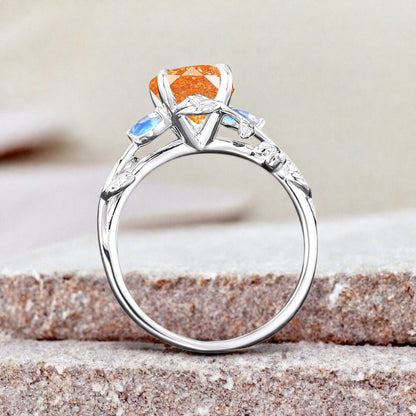 Bague de fiançailles vintage ovale en pierre de lune, bague de promesse unique en opale et moissanite