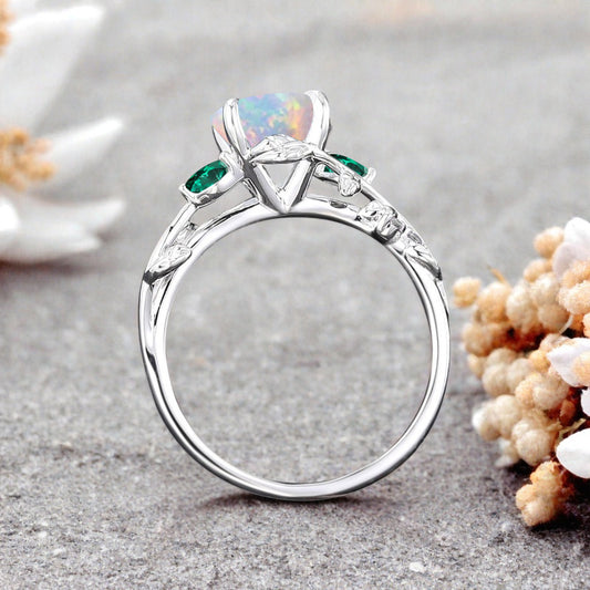 Bague de fiançailles vintage ovale en pierre de lune, bague de promesse unique en opale et moissanite