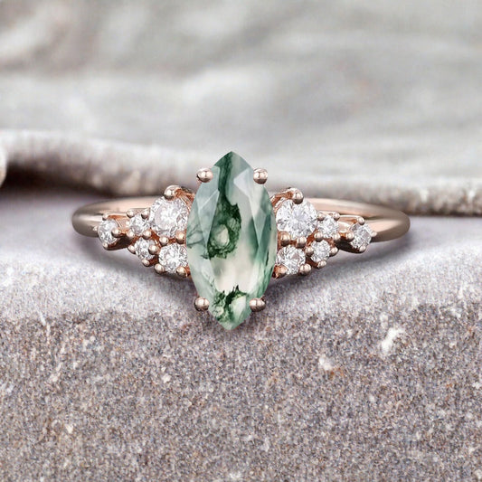 Vintage Marquise Moss Agate Engagement Ring, Rose Gold Moissanite Cluster Custom Sterling Silver Wedding Ring Promise Ring Gift for her
