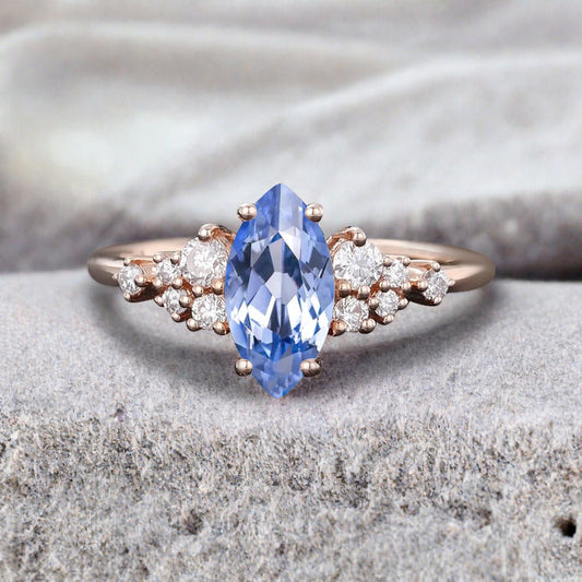 Vintage Marquise Blue Topaz Engagement Ring, Rose Gold Moissanite Cluster Custom Sterling Silver Wedding Ring Promise Ring Gift for her
