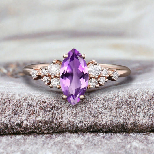 Vintage Marquise Amethyst Engagement Ring, Rose Gold Moissanite Cluster Custom Sterling Silver Wedding Ring Promise Ring Gift for her