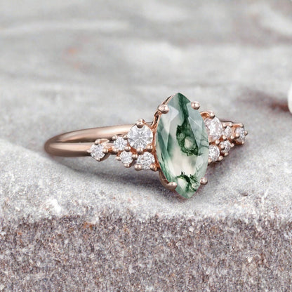 Vintage Marquise Moss Agate Engagement Ring, Rose Gold Moissanite Cluster Custom Sterling Silver Wedding Ring Promise Ring Gift for her