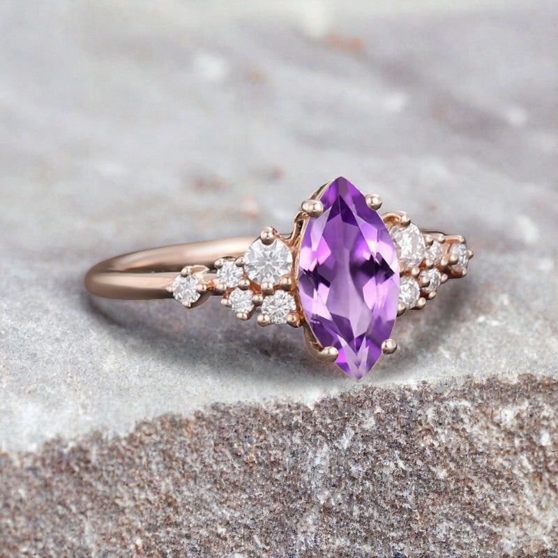 Vintage Marquise Amethyst Engagement Ring, Rose Gold Moissanite Cluster Custom Sterling Silver Wedding Ring Promise Ring Gift for her