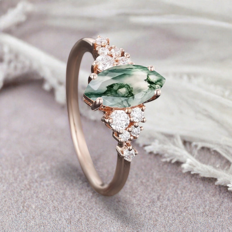 Vintage Marquise Moss Agate Engagement Ring, Rose Gold Moissanite Cluster Custom Sterling Silver Wedding Ring Promise Ring Gift for her