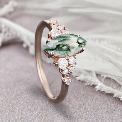 Vintage Marquise Moss Agate Engagement Ring, Rose Gold Moissanite Cluster Custom Sterling Silver Wedding Ring Promise Ring Gift for her