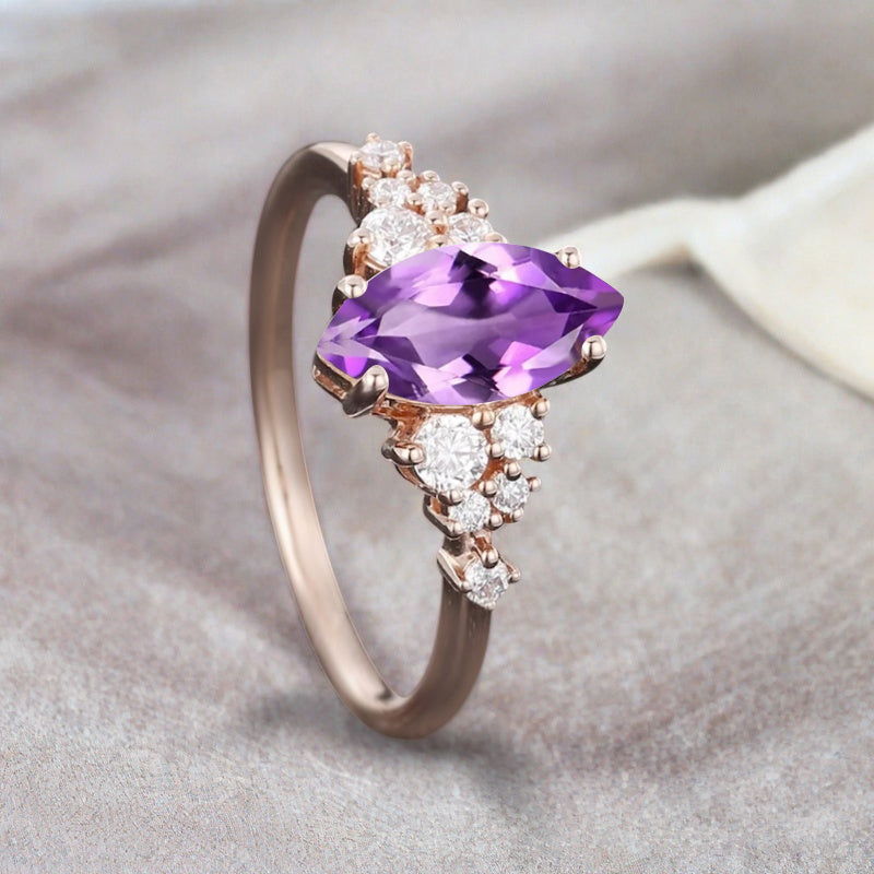 Vintage Marquise Amethyst Engagement Ring, Rose Gold Moissanite Cluster Custom Sterling Silver Wedding Ring Promise Ring Gift for her