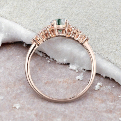Vintage Marquise Moss Agate Engagement Ring, Rose Gold Moissanite Cluster Custom Sterling Silver Wedding Ring Promise Ring Gift for her