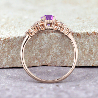 Vintage Marquise Amethyst Engagement Ring, Rose Gold Moissanite Cluster Custom Sterling Silver Wedding Ring Promise Ring Gift for her