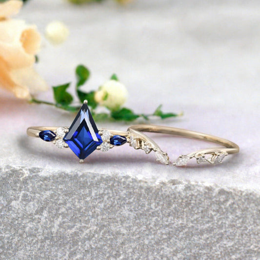 Kite cut blue topaz ring set rose gold 6 prong art deco unique engagement ring set women dainty diamond ring set Personalized anniversary gift